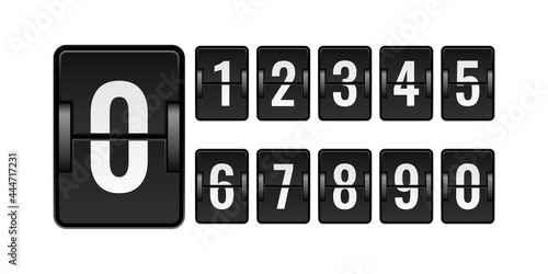 Scoreboard mechanical. Numbers for counter. Flipping watch panel elements kit. Isolated square board set for time scoring. Automatic countdown equipment. Vector clock or calendar mockup photo