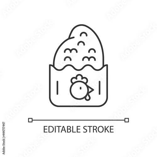 Crispy chicken cutlet linear icon. Breading bird meat. Savory snack. Thin line customizable illustration. Contour symbol. Vector isolated outline drawing. Editable stroke