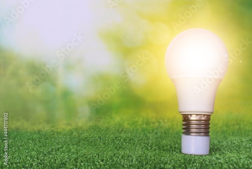 Glowing light bulb on green grass with background of bokeh nature. Green energy and renewable energy concept. Copy space for text