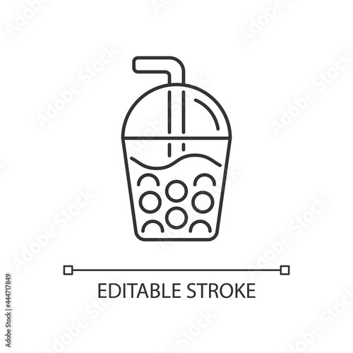 Bubble tea linear icon. Common dessert creamy topping. Reach pearly taste. Thin line customizable illustration. Contour symbol. Vector isolated outline drawing. Editable stroke