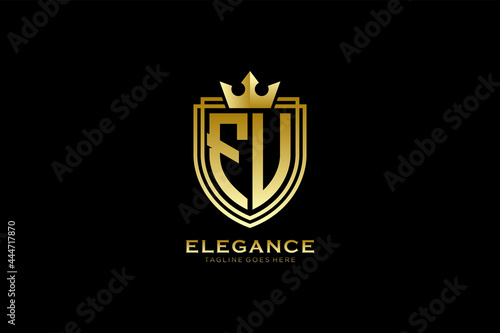 initial FU elegant luxury monogram logo or badge template with scrolls and royal crown - perfect for luxurious branding projects