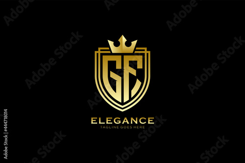 initial GF elegant luxury monogram logo or badge template with scrolls and royal crown - perfect for luxurious branding projects