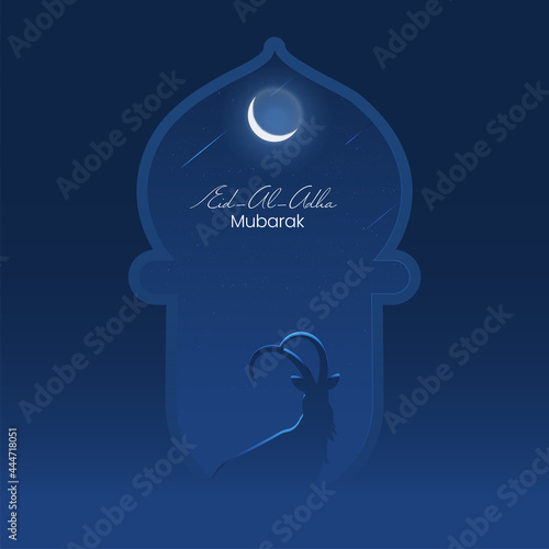 Islamic festival of sacrifice Eid-Ul-Adha Mubarak background with buck silhouette and mosque illustration in crescent moon light. 