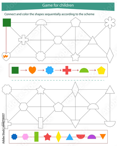  Logic game for children. Connect and color the shapes according to the diagram. Development of attention and thinking