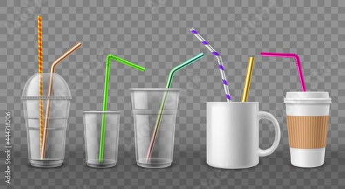 Cups with straws. Realistic disposable mugs. 3D ceramic and cardboard utensil with metal or plastic beverage tubes. Drinking bar devices mockup. Vector coffee or cocktail tableware set