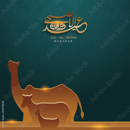 Islamic festival of sacrifice concept with Arabic calligraphic text Eid-Ul-Adha Mubarak and golden camel, and goat. 