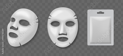 Cosmetic face mask. Realistic cotton facial skin care masks front and side view, blank packaging mockup for branding, woman detox, home spa beauty product. Cosmetics vector 3d isolated set