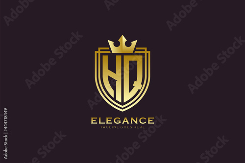 initial HQ elegant luxury monogram logo or badge template with scrolls and royal crown - perfect for luxurious branding projects