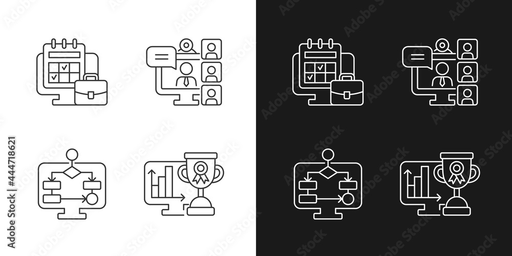 Online work tracking linear icons set for dark and light mode. Video conference. Work monitoring tools. Customizable thin line symbols. Isolated vector outline illustrations. Editable stroke Online work tracking linear icons set for dark and light mode. Video conference. Work monitoring tools. Customizable thin line symbols. Isolated vector outline illustrations. Editable stroke