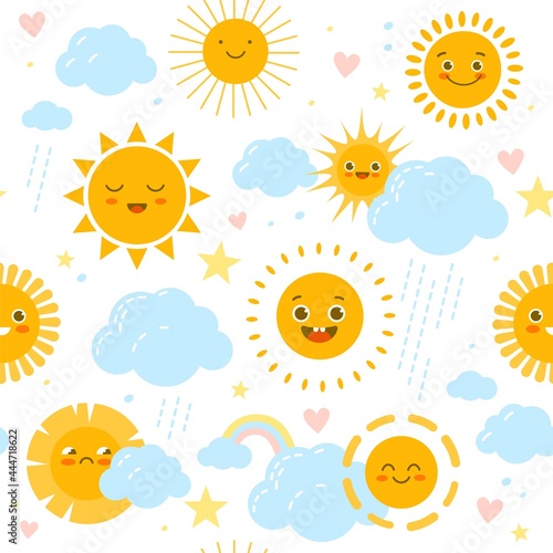 Sun seamless pattern. Baby print with weathers happy or sad smiles. Rainbow and clouds with raindrops. Funny nursery decor. Kids soft pastel colors stars and hearts. Vector background