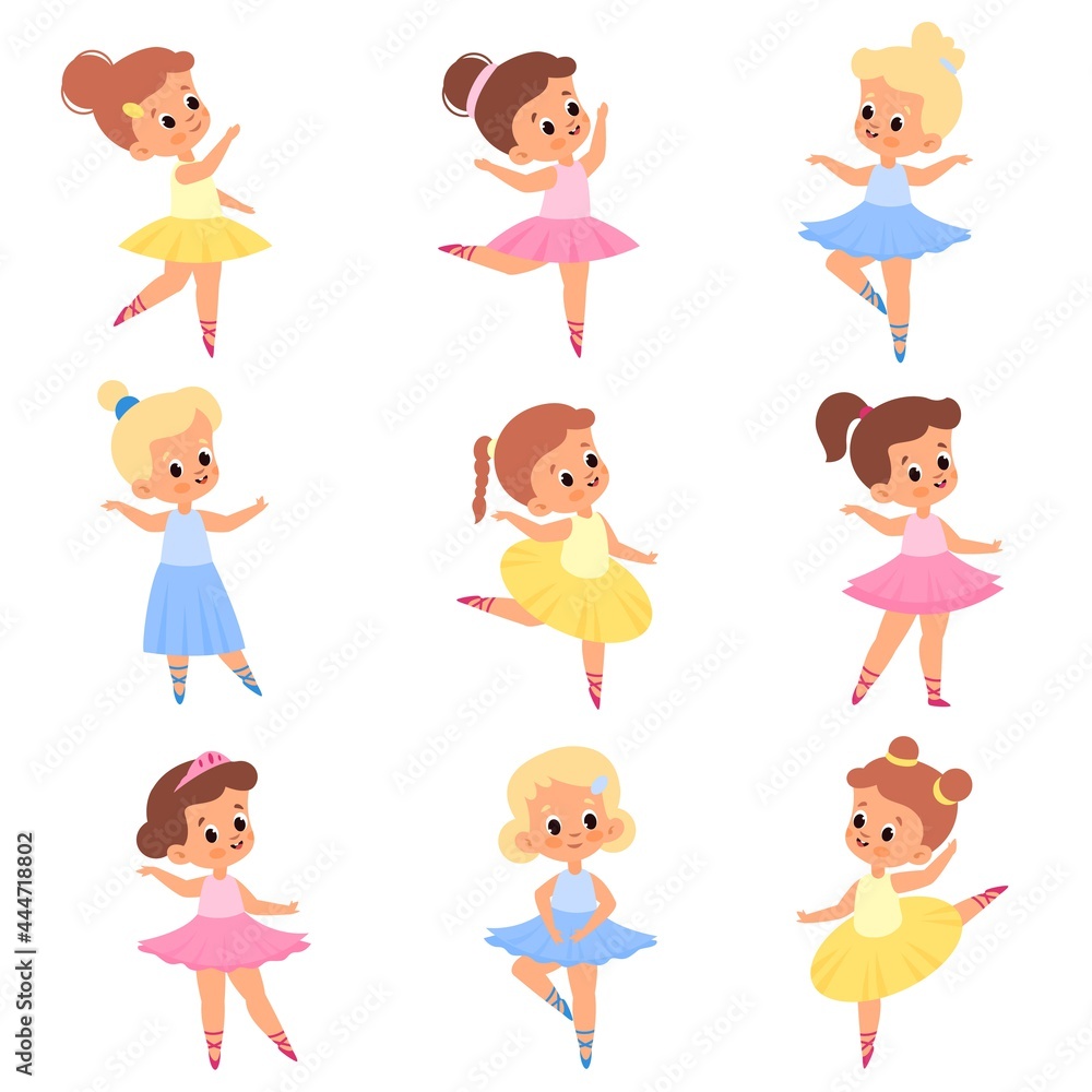 Cute ballerinas. Girls in tutus and pointe shoes. Young ballet dancers. Kids in different poses. Romantic characters performing choreographic positions. Vector dancing children set Cute ballerinas. Girls in tutus and pointe shoes. Young ballet dancers. Kids in different poses. Romantic characters performing choreographic positions. Vector dancing children set