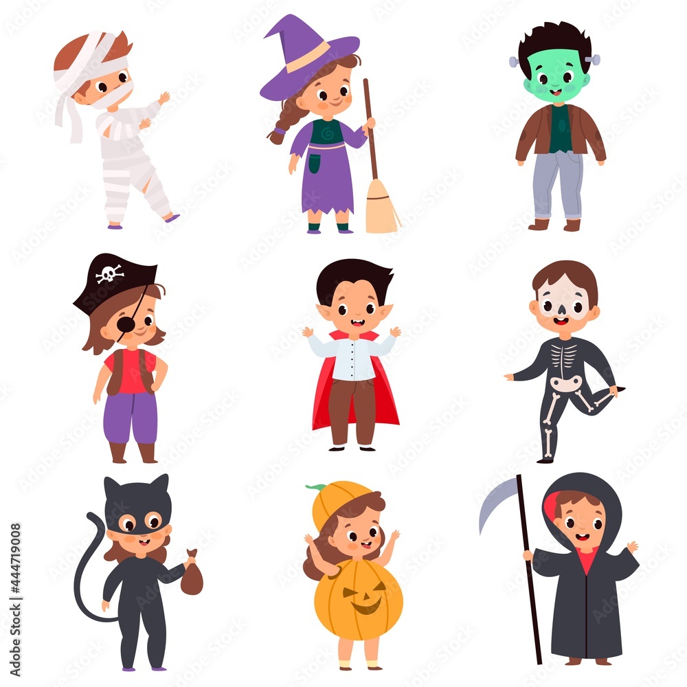 Trick or treating kids. Cartoon boys and girls in festival costumes. Halloween outfits. Isolated skeleton and pirate, reaper or vampire. Monsters celebrating autumn holiday, vector set
