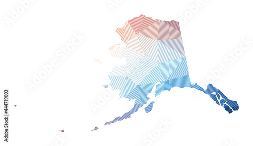 Map of Alaska. Low poly illustration of the us state. Geometric design with stripes. Technology, internet, network concept. Vector illustration.