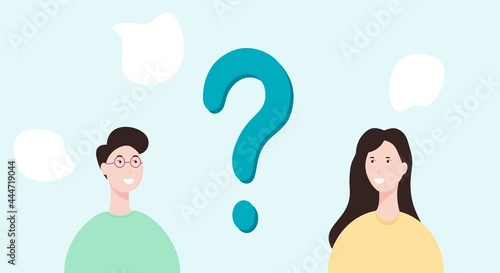 Question mark.
Man and woman. Ask with Misunderstanding.
Frequently asked questions of people.
Submit a support request. Get an answer and help. Vector illustration.
