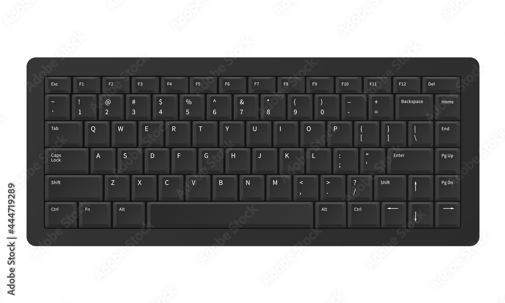 Black keyboard. Realistic modern QWERTY keypad. Digital panel buttons