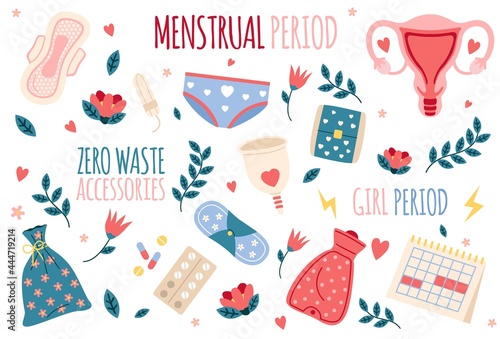 Menstruation hygiene. Feminine period cartoon elements. Zero waste ecological products. Menstrual cup and pads, tampons or calendar. Analgesic medicine. Vector female accessories set