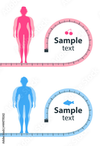 Weight loss concept. The influence of diet on the weight of the person. Man and woman before and after diet and fitness. 