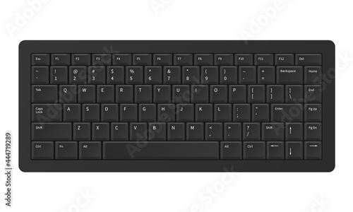 Black keyboard. Realistic modern QWERTY keypad. Digital panel buttons with alphabet letters and numbers. Top view of peripheral computer device. Vector wireless electronic PC equipment