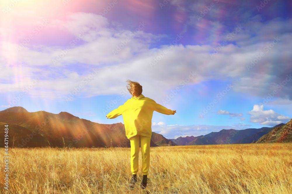 field mountains jumping girl active lifestyle outdoor, freedom happiness summer field mountains jumping girl active lifestyle outdoor, freedom happiness summer