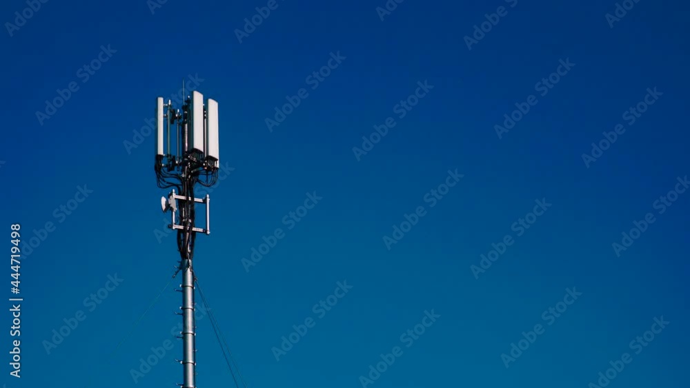 Mobile telephone radio network antenna 4G or 5G on telecommunication mast against sky. New technology generation. Radiation, human health issues. Mobile telephone radio network antenna 4G or 5G on telecommunication mast against sky. New technology generation. Radiation, human health issues.