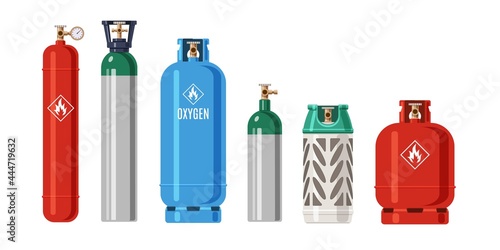 Cylinders gas. LPG propane container. Metal balloon for compressed oxygen and flammable fuel. Isolated tanks with natural butane. Industrial explosive products. Vector equipment set photo
