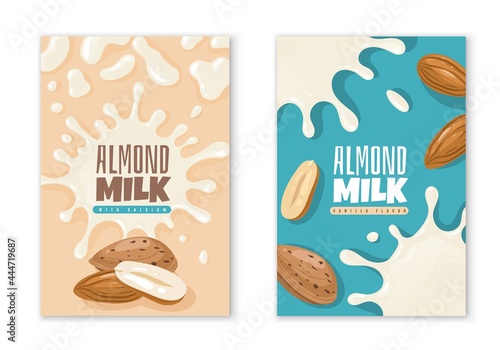Almond milk labels. Dairy product package design. Vegan diet organic beverages advertising. Liquid blots and nuts. Natural vegetarian nutrition. Vector packaging stickers mockup set