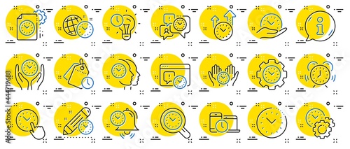 Time management line icons. Alarm clock, timer plan and project deadline signs. Countdown clock, time log and appointment reminder icons. People work, watch and office timer. Vector