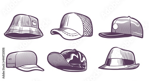 Fashion hats sketch. Headdress design for men. Baseball caps with visors and textile panama. Seasonal headwear drawing. Trendy male headgears set. Vector casual accessory collection