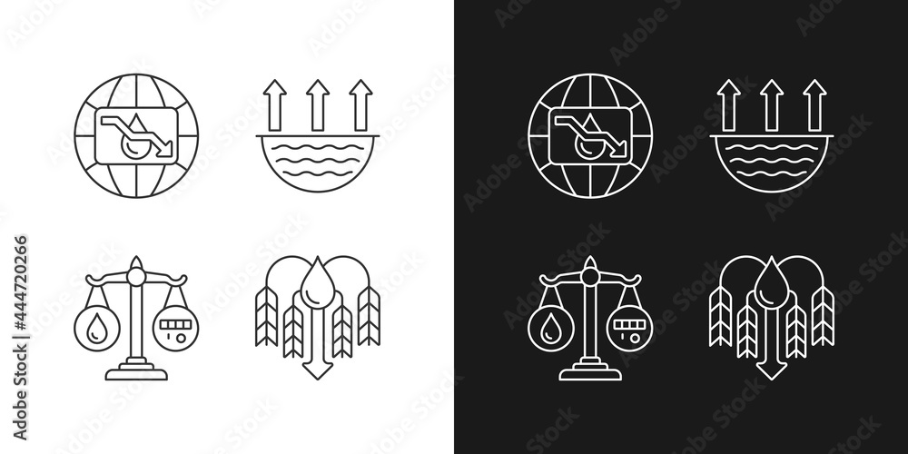 Suffering from water shortage linear icons set for dark and light mode. Evaporation. Reuse, recycling. Customizable thin line symbols. Isolated vector outline illustrations. Editable stroke