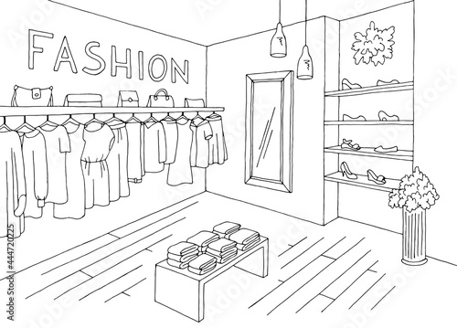 Shop interior store graphic black white sketch illustration vector 