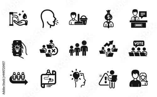 Vector set of Teamwork chart, Cough and Manager icons simple set. Cleaning service, Exhibitors and Search employee icons. Remove team, Washing hands and Teamwork signs. Vector