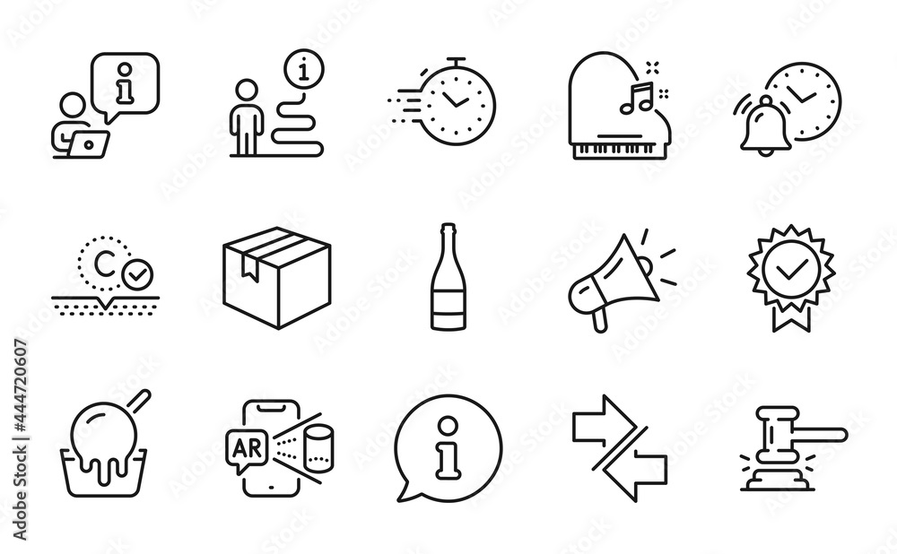 Business icons set. Included icon as Champagne bottle, Piano, Parcel signs. Ice cream, Alarm clock, Synchronize symbols. Collagen skin, Augmented reality, Judge hammer. Certificate, Timer. Vector Business icons set. Included icon as Champagne bottle, Piano, Parcel signs. Ice cream, Alarm clock, Synchronize symbols. Collagen skin, Augmented reality, Judge hammer. Certificate, Timer. Vector