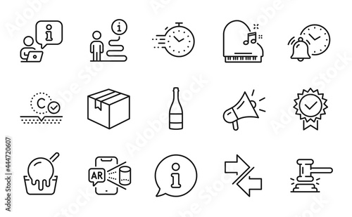 Business icons set. Included icon as Champagne bottle, Piano, Parcel signs. Ice cream, Alarm clock, Synchronize symbols. Collagen skin, Augmented reality, Judge hammer. Certificate, Timer. Vector
