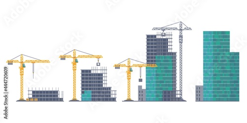 House emergence. Building stages. Unfinished real estate and crane. Housing development from frame constructions and concrete panels. Process of skyscraper creation. Vector illustration