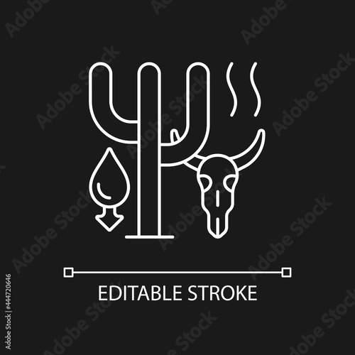 Extreme drought causing animals extinction white linear icon for dark theme. Biodiversity loss. Thin line customizable illustration. Isolated vector contour symbol for night mode. Editable stroke