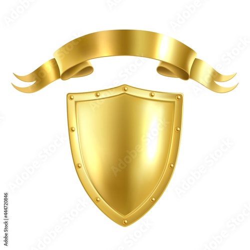Realistic heraldic symbol. 3D golden shield and ribbon. Monarch award. Isolated medieval armor. Aristocratic template for coat of arms and motto. Blank royal signs set. Vector insignia