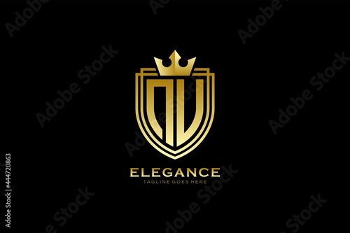initial NU elegant luxury monogram logo or badge template with scrolls and royal crown - perfect for luxurious branding projects
