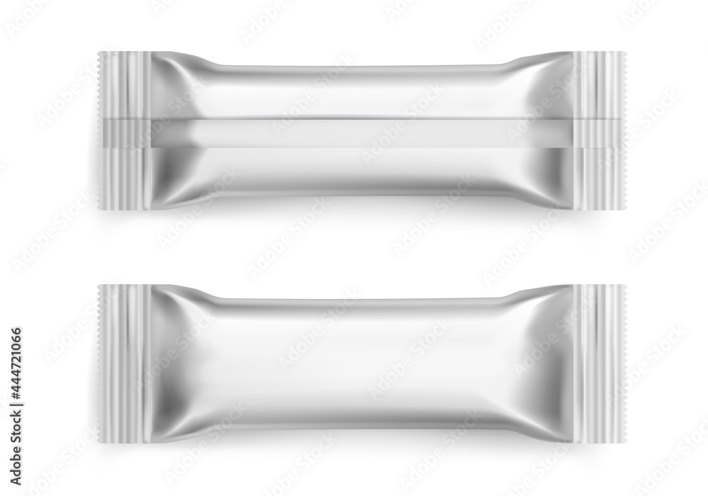 Sachet. Realistic white sugar packet. 3D blank foil packaging mockup