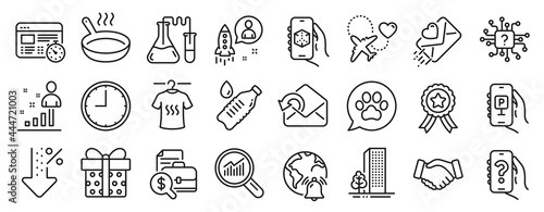 Set of Business icons  such as Frying pan  Startup  Time icons. Help app  Gift box  Artificial intelligence signs. Winner ribbon  Data analysis  Dry t-shirt. Buildings  Accounting report. Vector