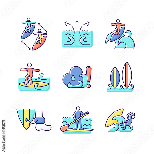 Water activities RGB color icons set. Surfing maneuvers. Keeping distance between surfers. Rip currents. Isolated vector illustrations. Floater technique simple filled line drawings collection