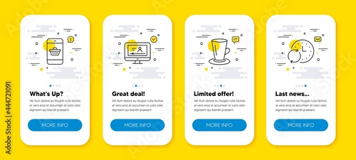 Vector set of Smartphone buying, Teacup and Online video line icons set. UI phone app screens with line icons. Update time icon. Website shopping, Tea or latte, Video exam. Refresh clock. Vector