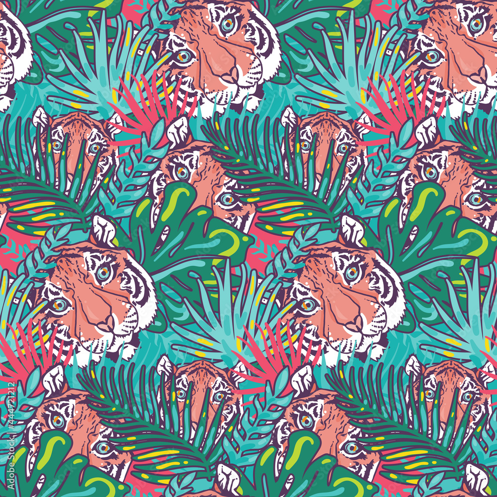 Fototapeta premium Tiger and foliage forest seamless pattern vector