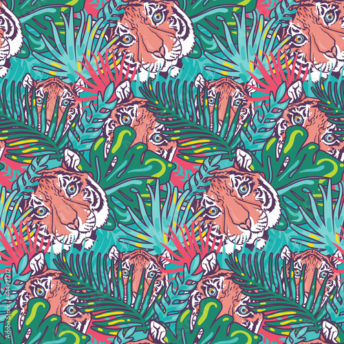 Tiger and foliage forest seamless pattern vector