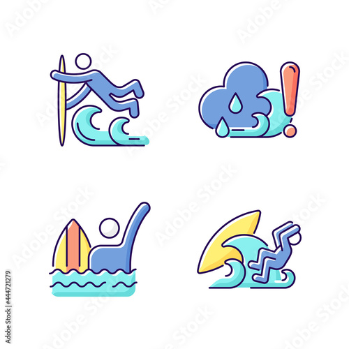 Water sports RGB color icons set. Superman surfing technique. Checking weather. Emergency signal. Isolated vector illustrations. Protecting head while falling simple filled line drawings collection