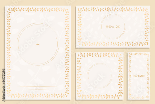 set of template invitation cards for celebration with frame from climbing plant. Beige and gold shades. Wedding frames with leaves. Vector