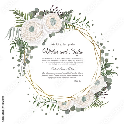 Vector floral frame for a postcard. White ranunculus, eucalyptus, green plants and leaves, gold sequins.