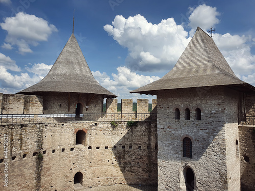 Soroca Fortress view from inside. Ancient military fort, historical landmark located in Moldova. Old stone walls fortifications, towers and bastions of medieval citadel photo