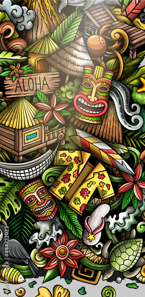 Naklejka premium Hawaii hand drawn doodle banner. Cartoon vector detailed flyer.