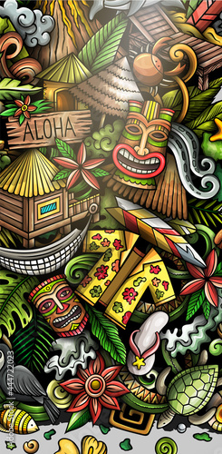 Hawaii hand drawn doodle banner. Cartoon vector detailed flyer.
