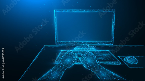 Person using computer and typing on keyboard. Work on computer. Polygonal vector illustration of human hands, computer monitor and computer mouse. Workplace concept